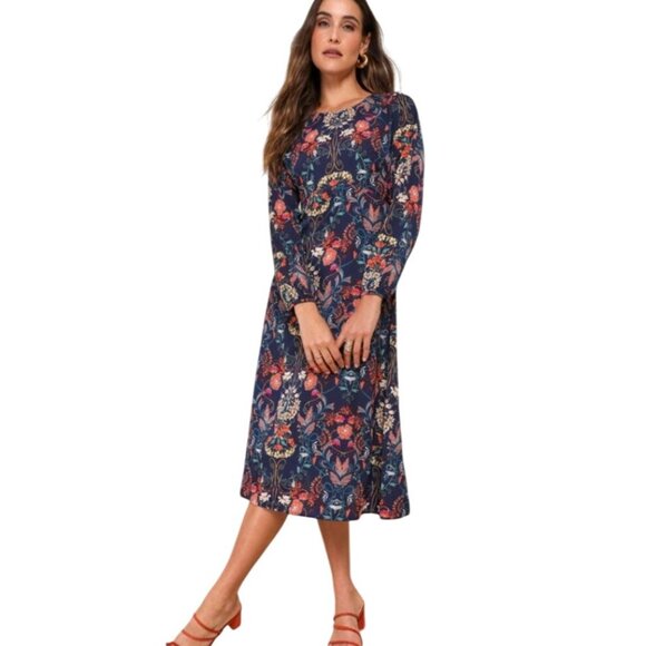 I.Madeline Garden Splendor Navy Blue Floral Print Long Sleeve Midi Dress Size M - Picture 2 of 13